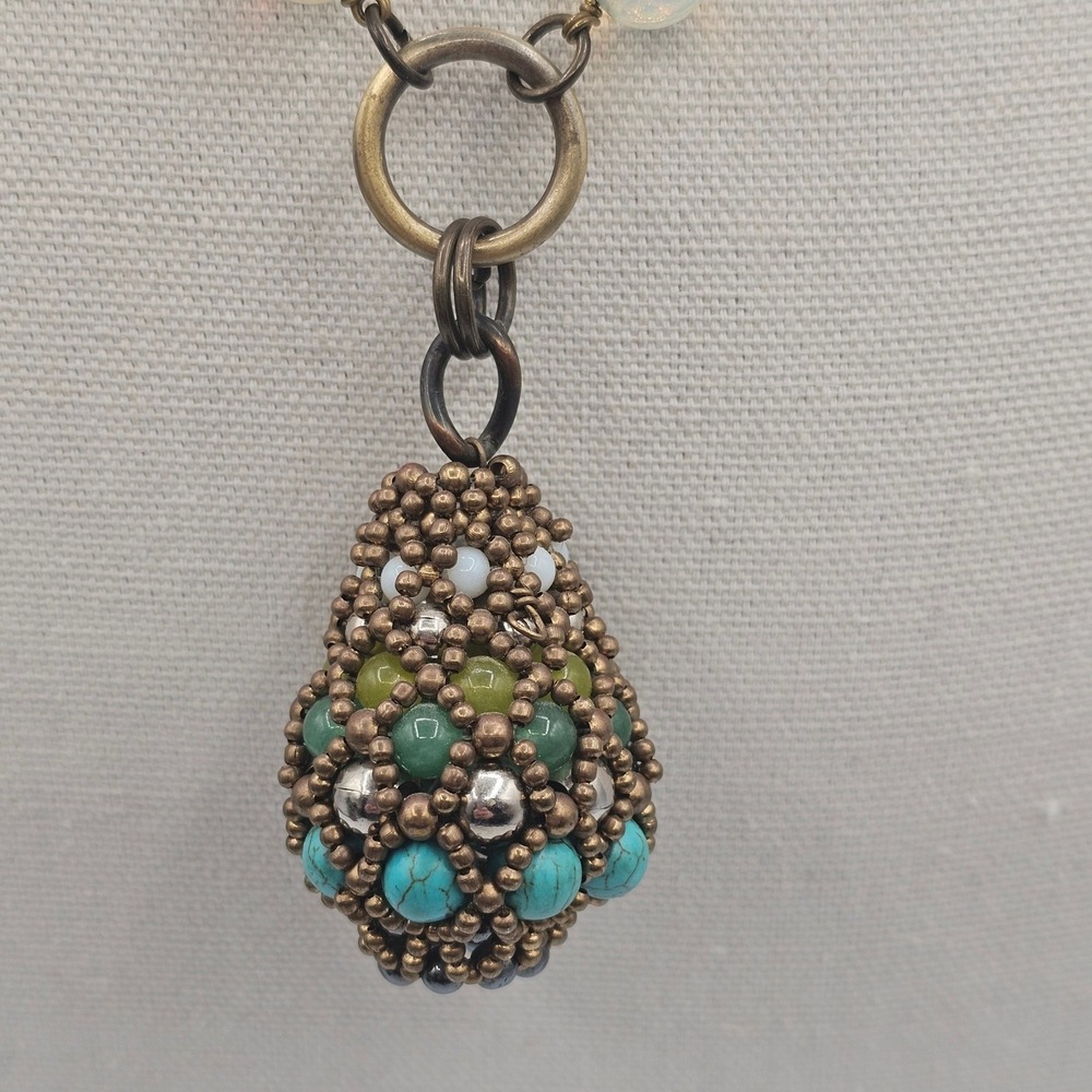 Bronze & Turquoise Tone Beaded Pendant Necklace 22" Boho Chic Earthy Southwest - Picture 7 of 16